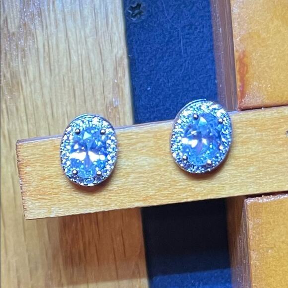 Simulated Diamond Oval Stud Earrings in Silvertone 3 ctw. Inspired by the halo - Picture 3 of 6